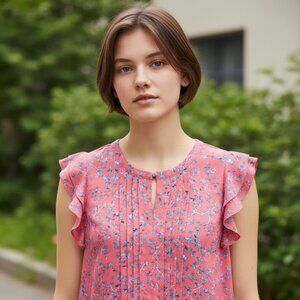 Elle Coral with blue floral print blouse, pleated front